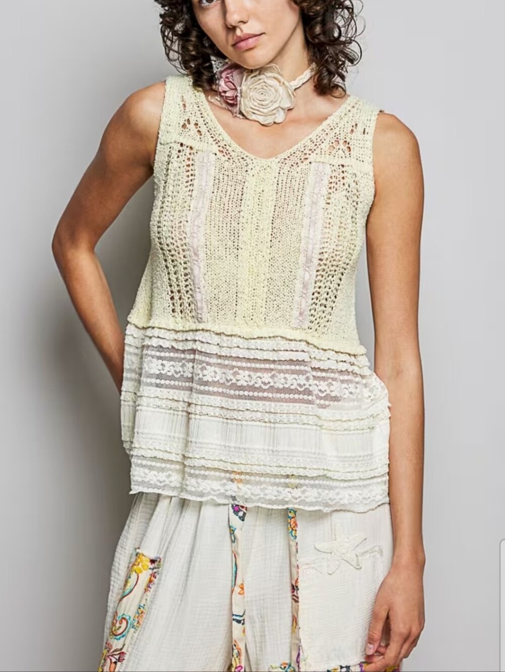 317. POL Bohemian Cream Crochet & Lace Sleeveless Top